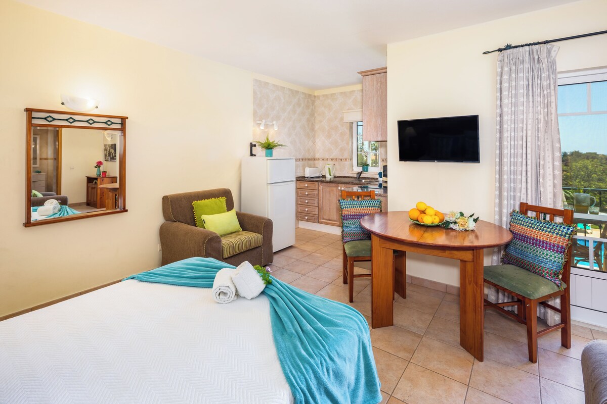A hotel room with a bed, a dining table with chairs, a kitchen area, a TV mounted on the wall, and a balcony with a view.