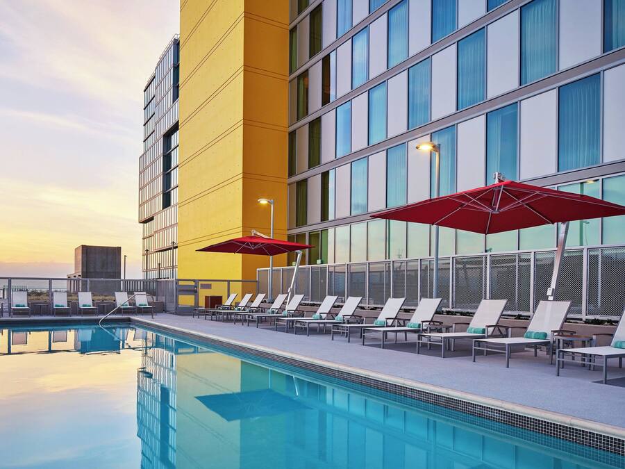 Outdoor pool, pool umbrellas, pool loungers