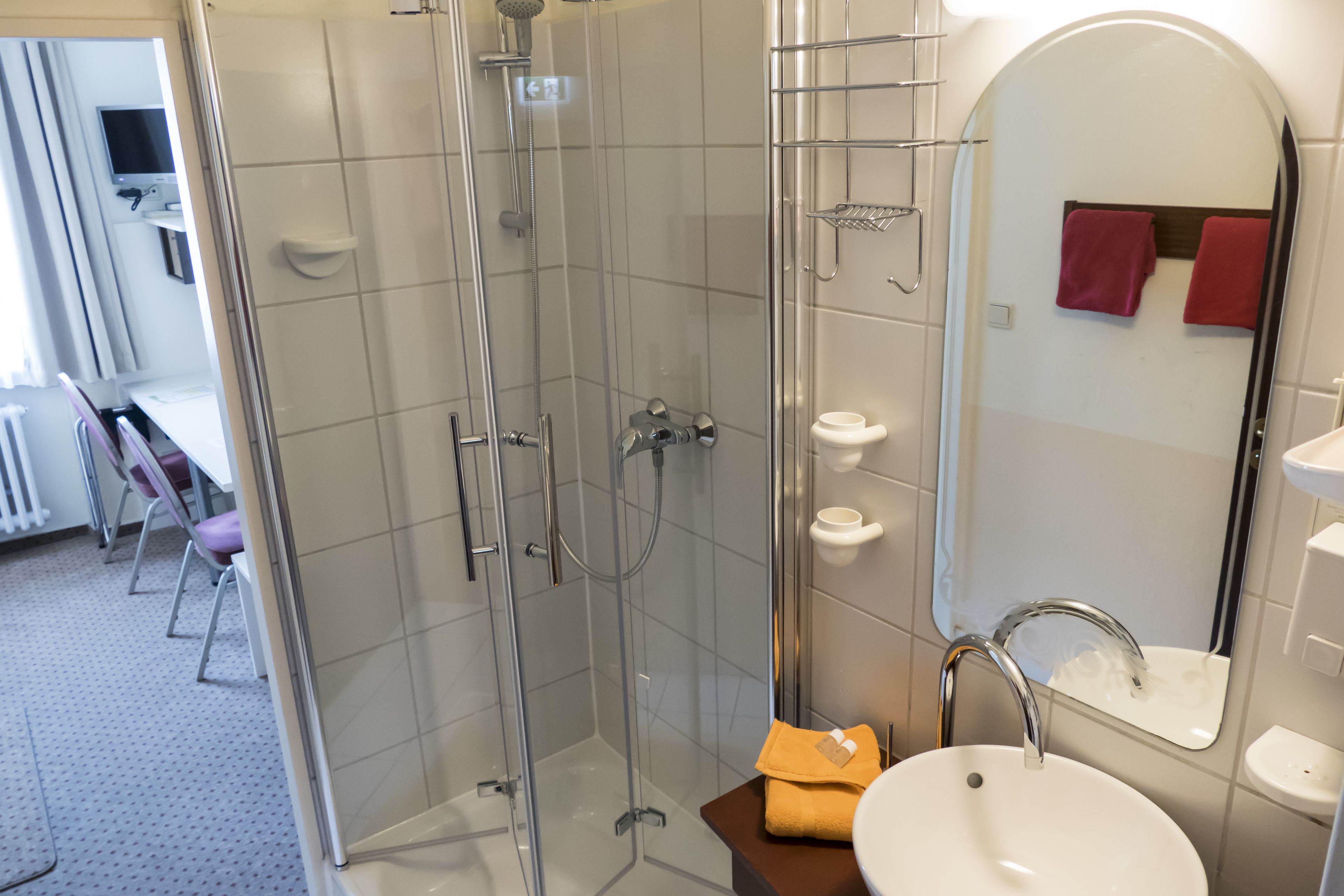 Une salle de bain moderne avec une douche à parois de verre, un lavabo blanc et un miroir.