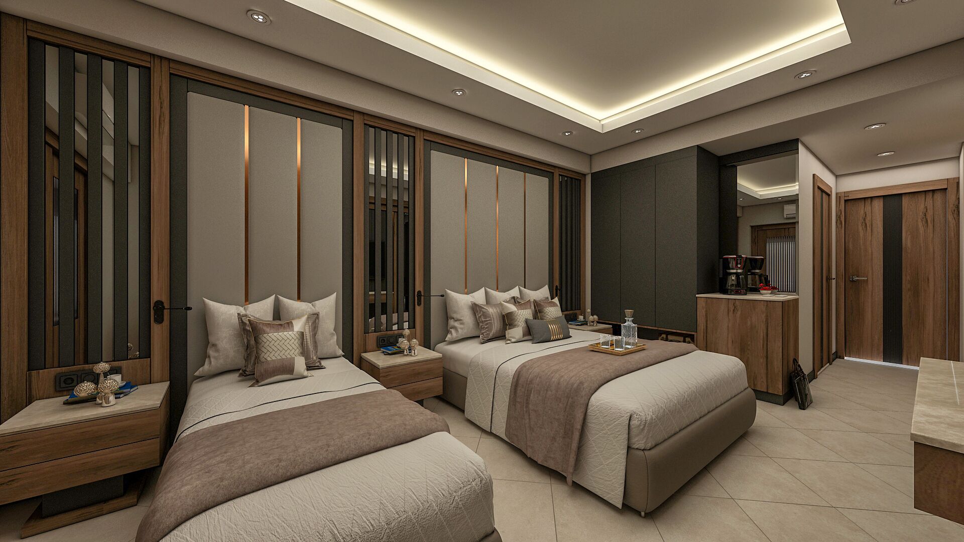 A modern bedroom with two beds, a nightstand, a dresser, and a mirror.