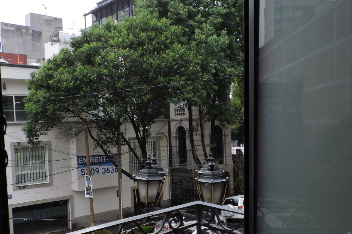 Une vue depuis un balcon avec une rambarde en métal, un arbre et des voitures garées.