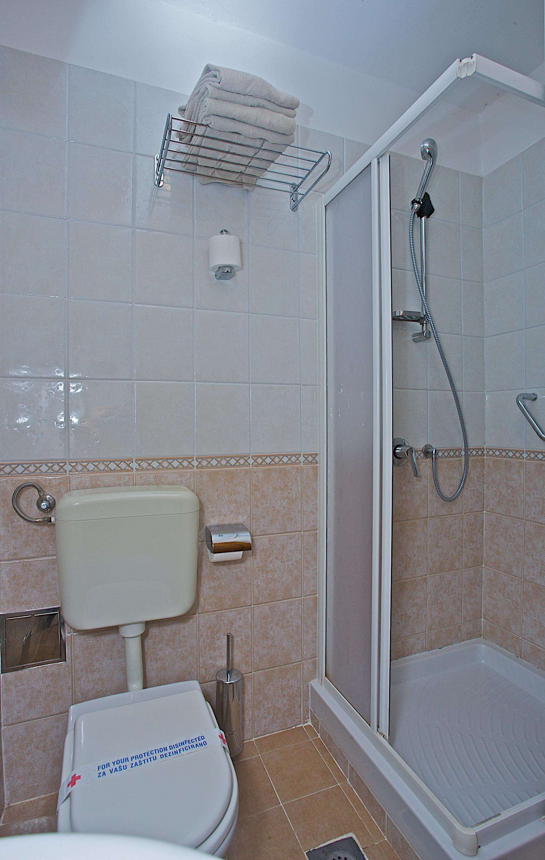 A bathroom with a toilet, a shower, and a towel rack.