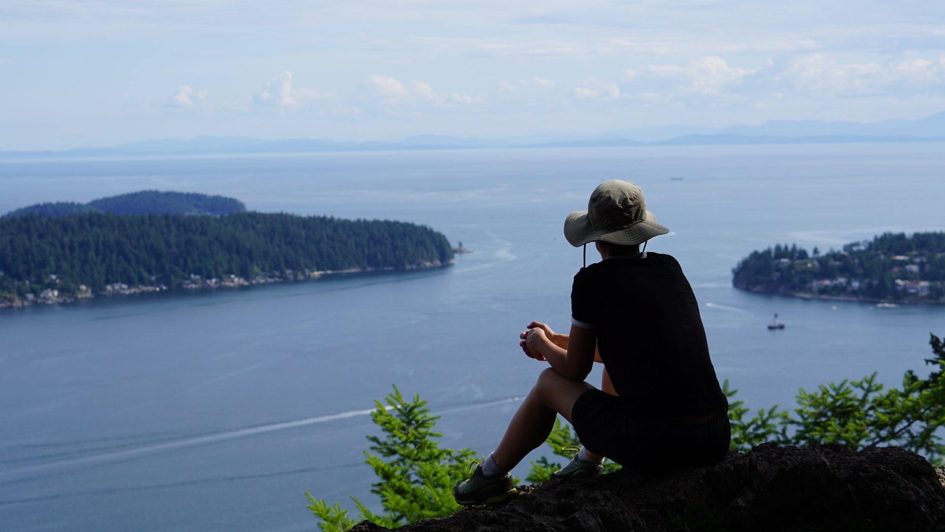 A person sitting on a rock overlooking a large body of water with a forested island in the distance.