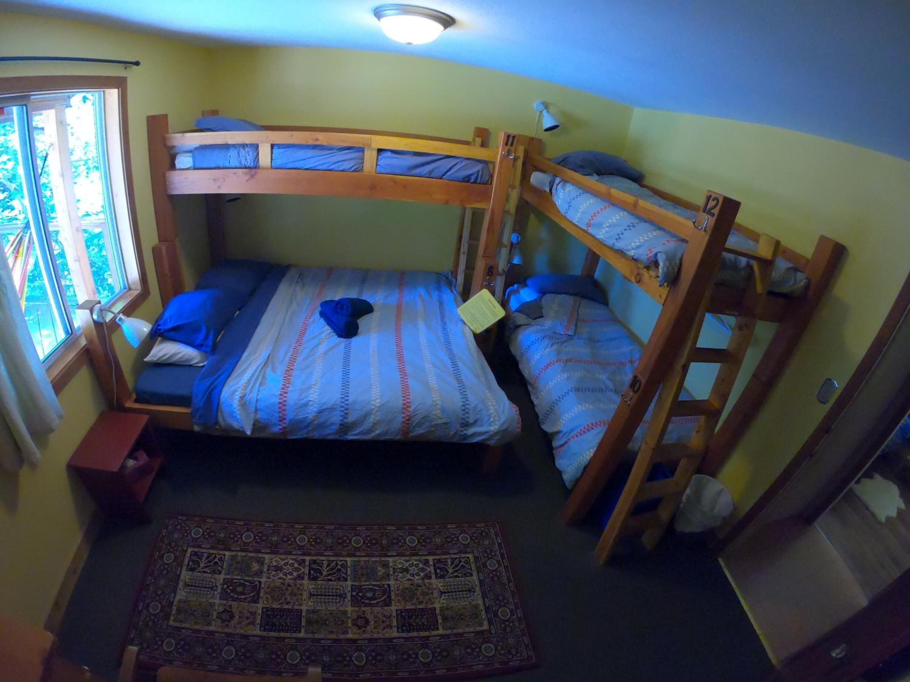 A bunk bed room with a window, a desk, and a patterned rug.