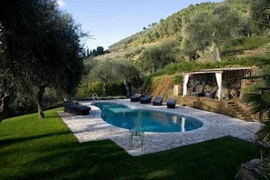 Seasonal outdoor pool, sun loungers