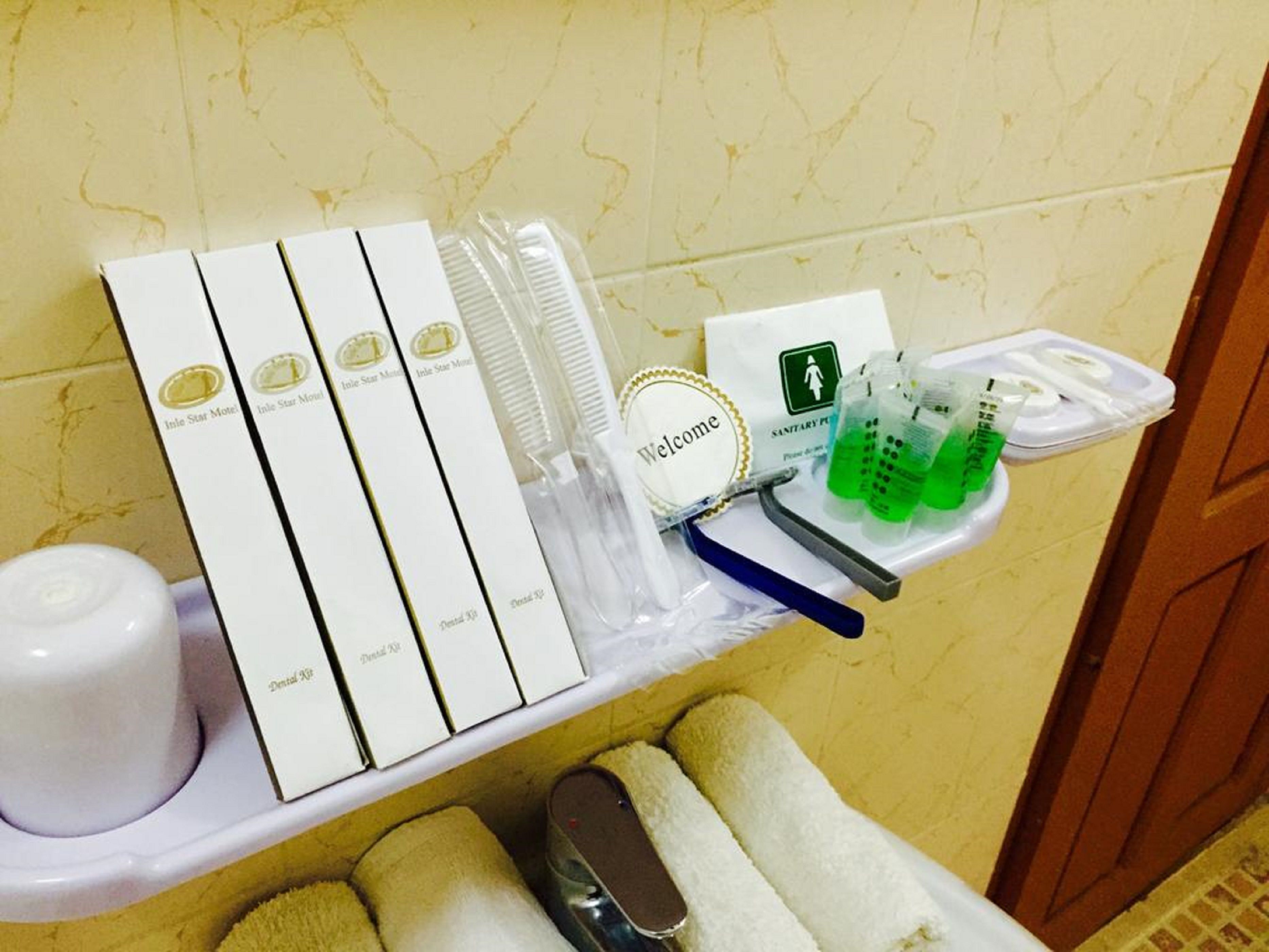 free toiletries, hair dryer, slippers, towels