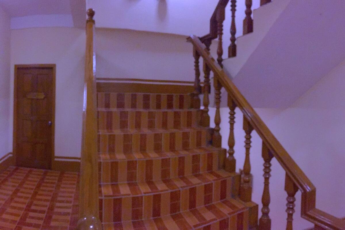 Un escalier avec des balustrades en bois et une moquette à carreaux menant à un palier.