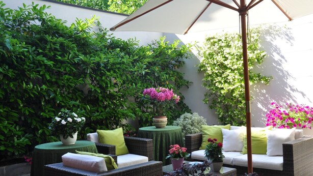 A patio area with wicker furniture, a table with a green tablecloth, and potted plants. - Piazza Nova Guest House (Ferrara)