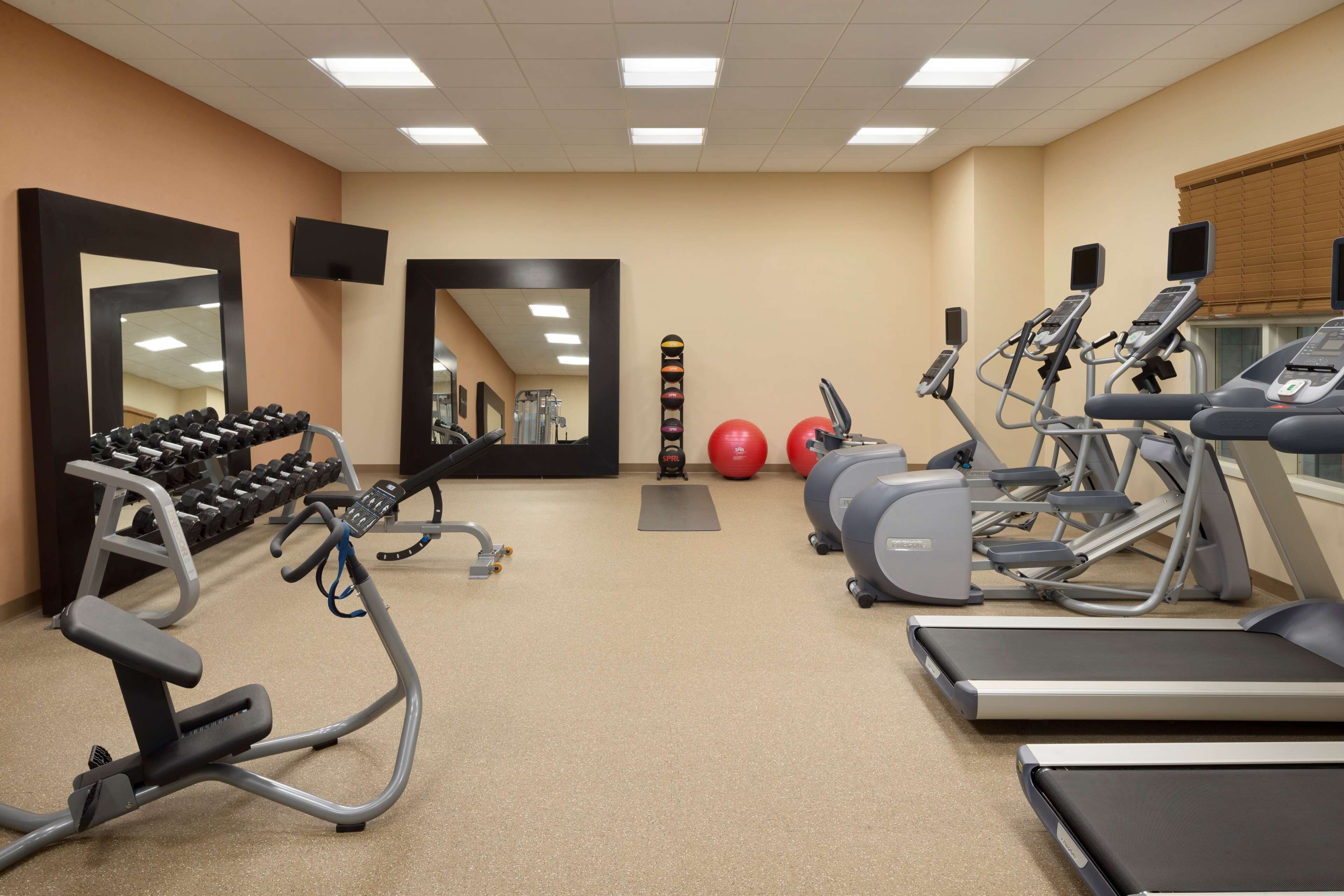 A gym with treadmills, elliptical machines, dumbbells, and exercise balls.