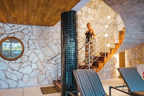 Sauna, hot tub, steam room, facials, massages