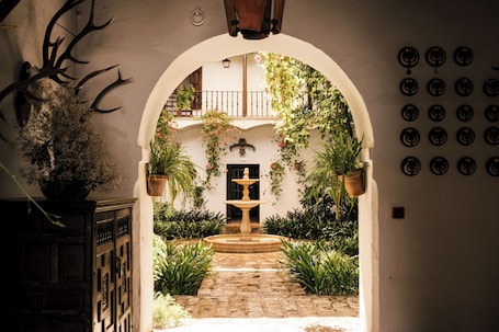 An arched entrance to a courtyard with a fountain, potted plants, and a wall with circular decorations.