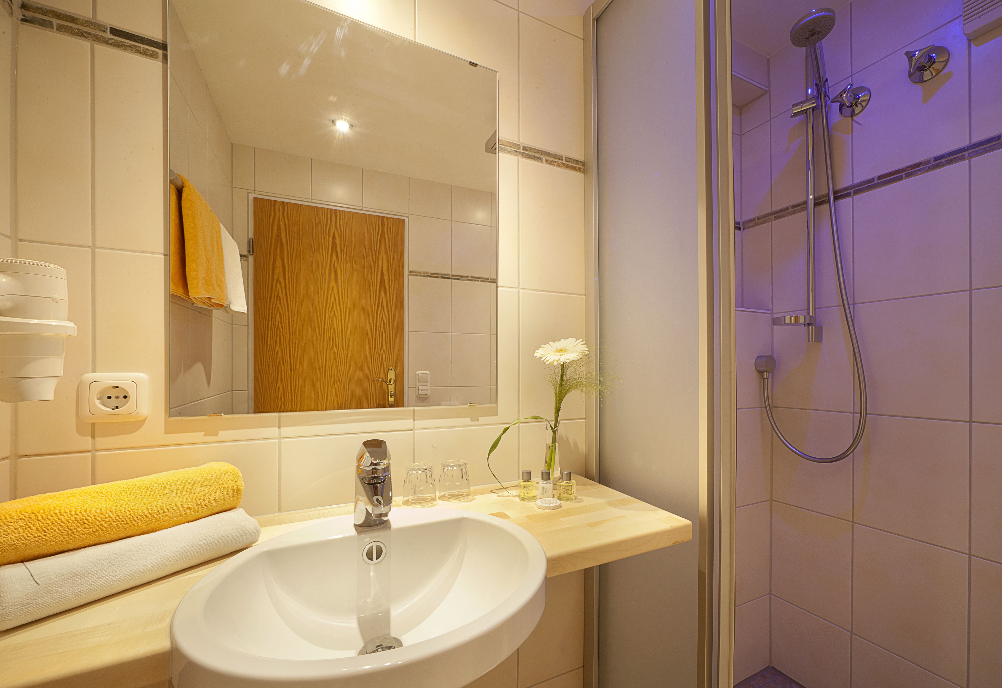 shower, free toiletries, hair dryer, towels