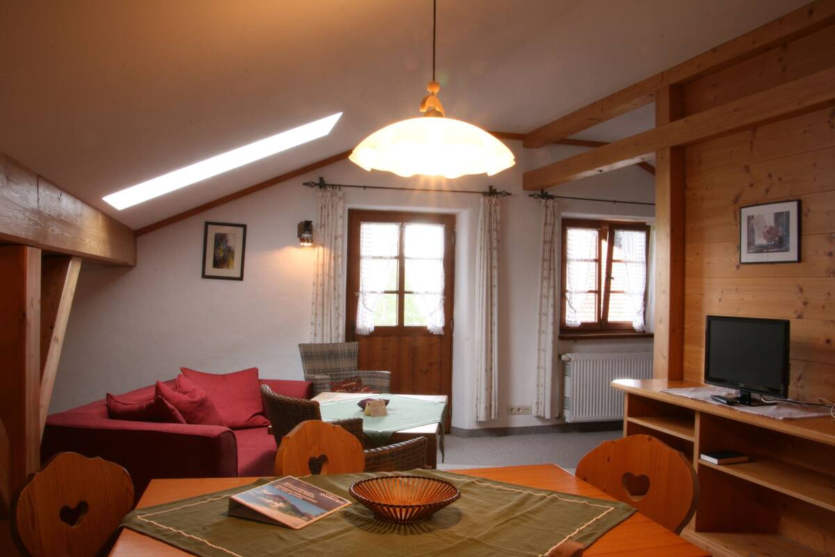 Een knus vertrek met een houten plafond, een eettafel met stoelen, een rode bank en een televisie op een houten dressoir.