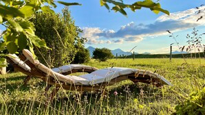 Een enkele lounge stoel in een grasveld, met een berg op de achtergrond.
