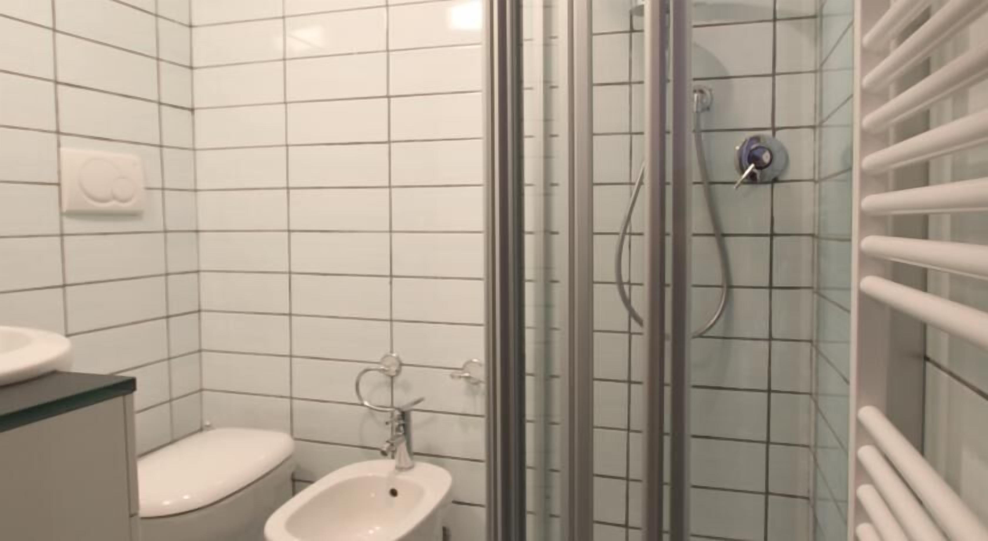 A modern bathroom with a glass shower enclosure, a white toilet, and a sink.