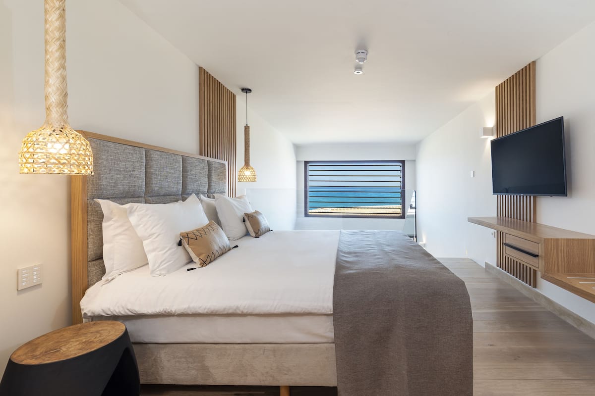 A modern bedroom with a large bed, a TV, and a view of the outdoors.