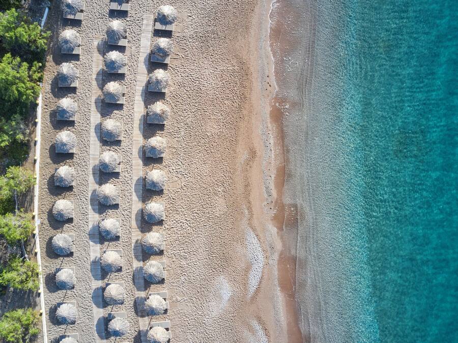 An aerial view of a beach with rows of umbrellas and lounge chairs.