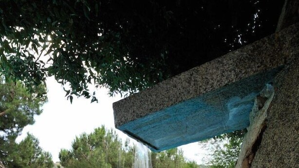 A clear blue pool with lounge chairs and umbrellas, surrounded by trees and a rock wall. - Su Lithu (Bitti)