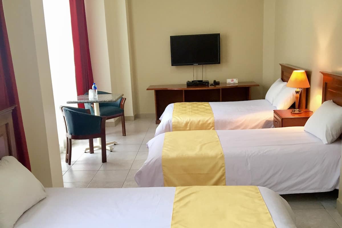 Habitación de hotel con dos camas, televisor, escritorio y silla.