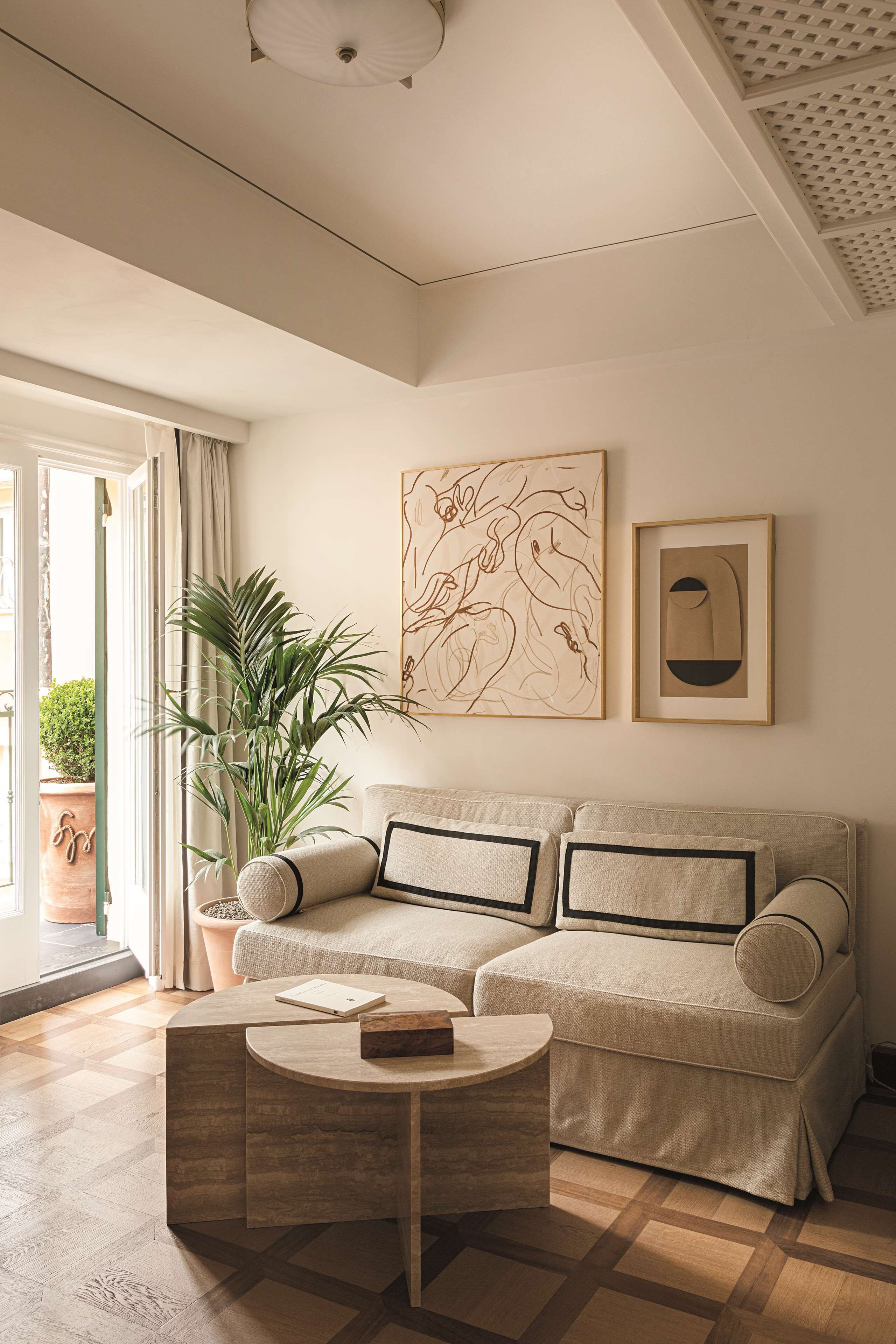 A living room with a sofa, a coffee table, a potted plant, and artwork on the wall.