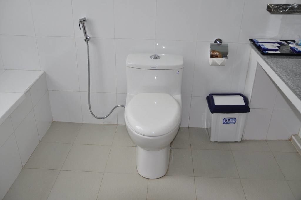 Un baño estándar con inodoro, ducha y un cubo de basura.