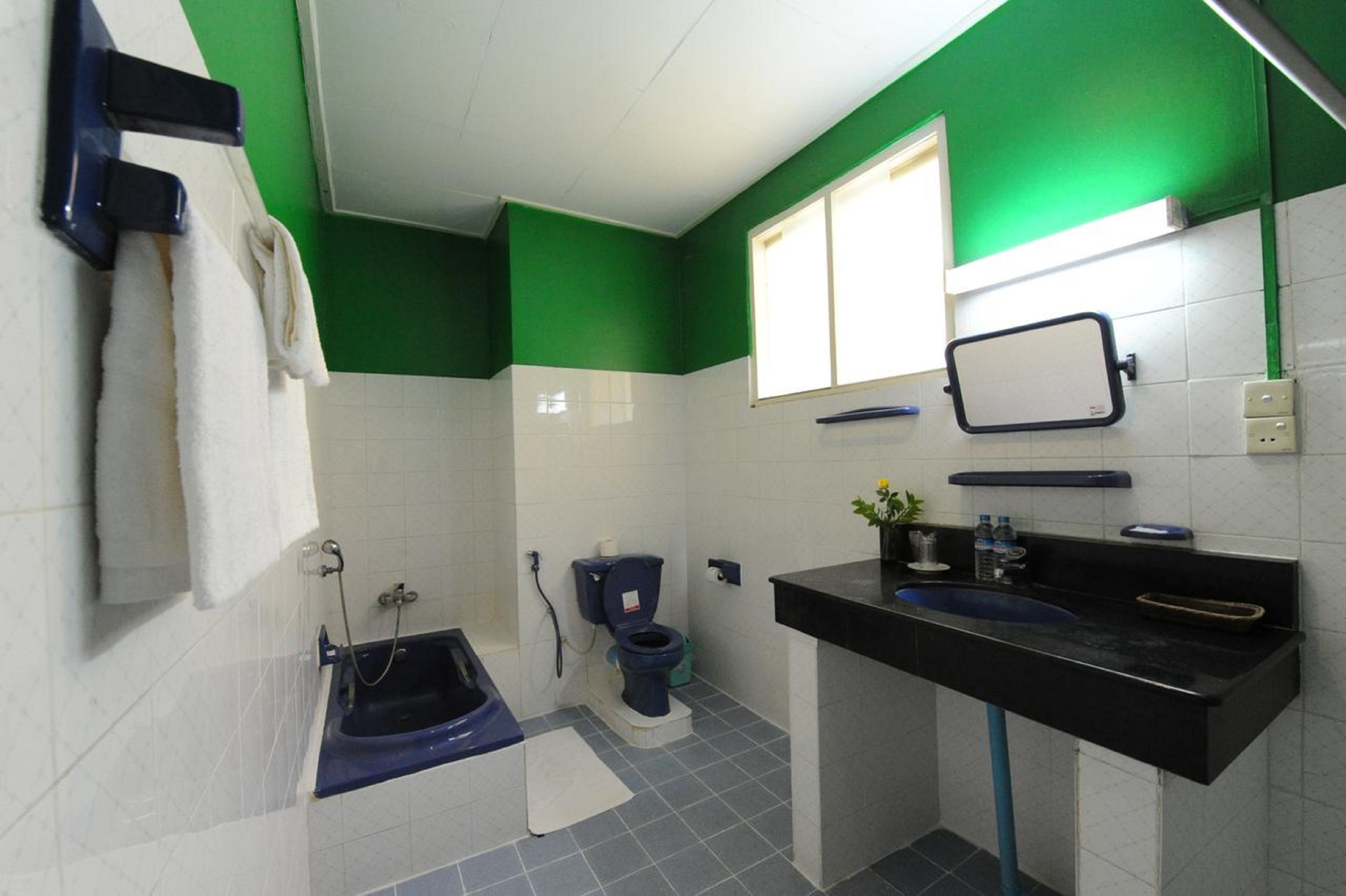 Un baño con bañera, inodoro y lavamanos, con paredes de color verde y blanco.