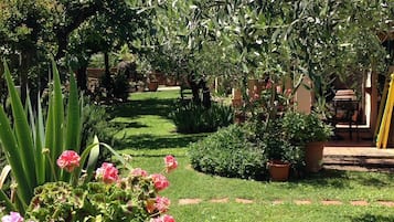Un giardino curato con diverse piante e fiori, un vialetto lastricato e un’area relax con tavolo e sedie.