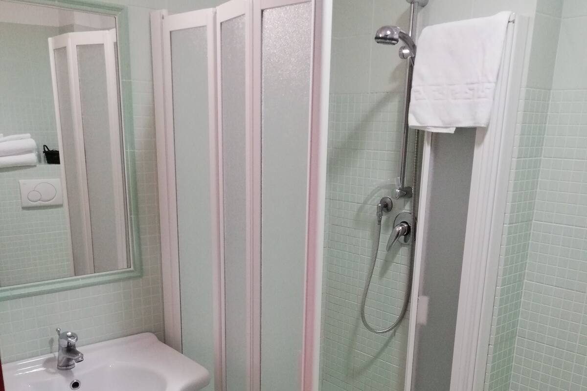 A bathroom with a shower enclosure, a sink, and a mirror.