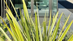 A reception area with a glass door, a sign reading "RECEPTION", and a modern building facade. - Hotel Mealba Suite & Pool (Saronno)