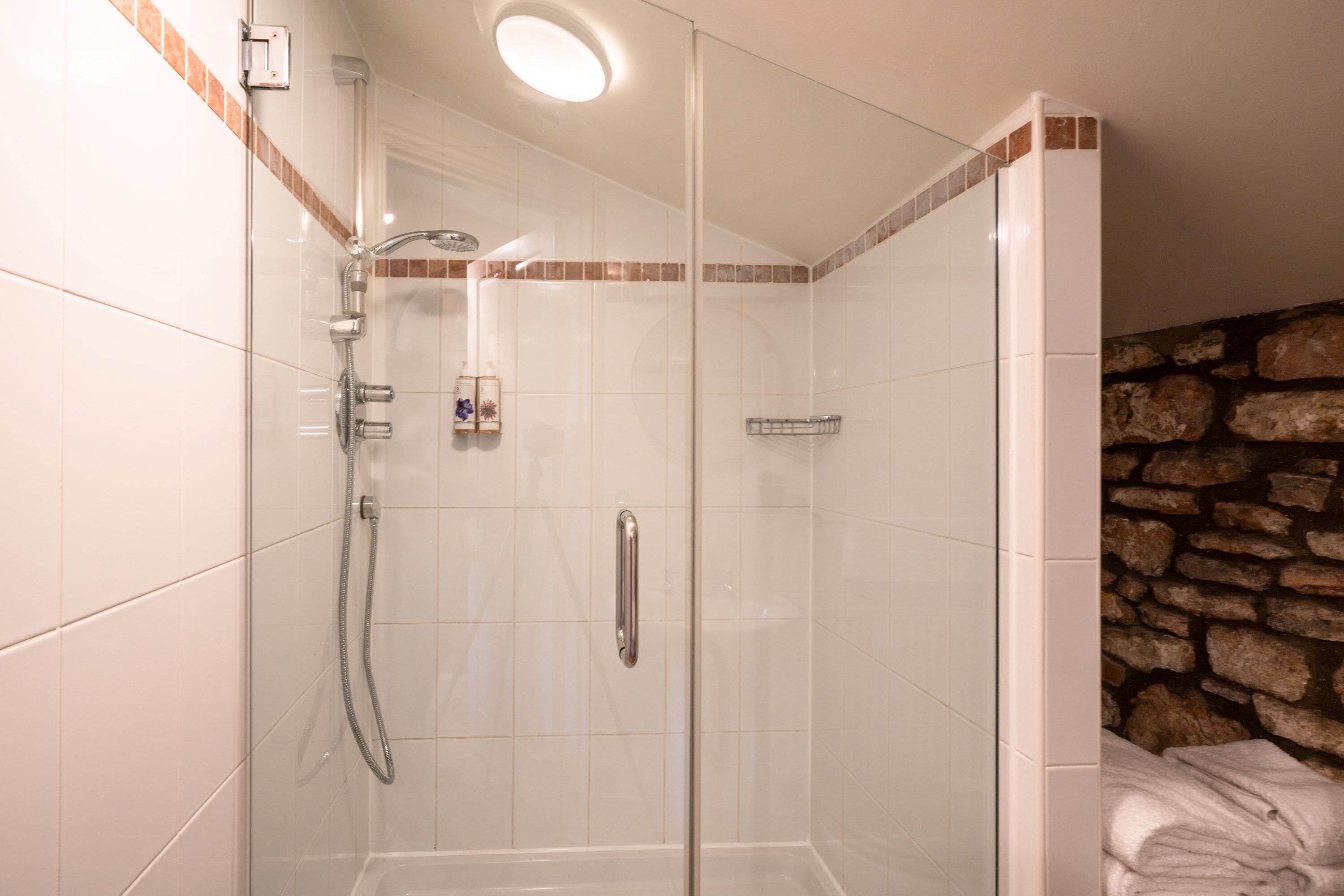 A glass-enclosed shower with a handheld showerhead, a wall-mounted faucet, and a glass door handle.