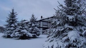 Paisaje nevado con un edificio de diseño moderno, rodeado de árboles de hoja perenne.