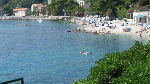 A coastal area with a beach, rocky shoreline, and buildings in the background. - Villa Molina (Zupa dubrovacka)