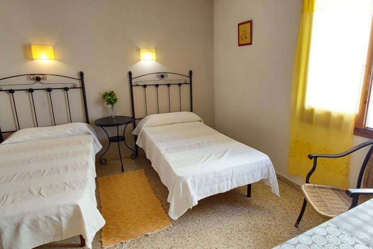 Une chambre avec deux lits simples, une petite table ronde agrémentée d’une plante, une chaise et une fenêtre avec des rideaux jaunes.