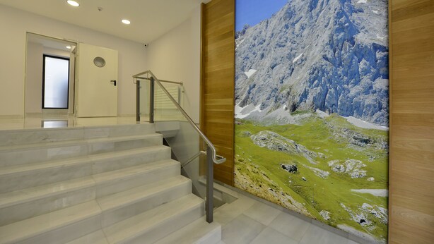Een trap met een metalen leuning die leidt naar een kamer met een grote muurschildering van een berglandschap.
