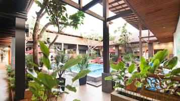 Outdoor pool, pool umbrellas, pool loungers