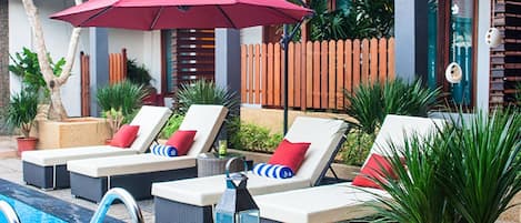 Outdoor pool, pool umbrellas, pool loungers