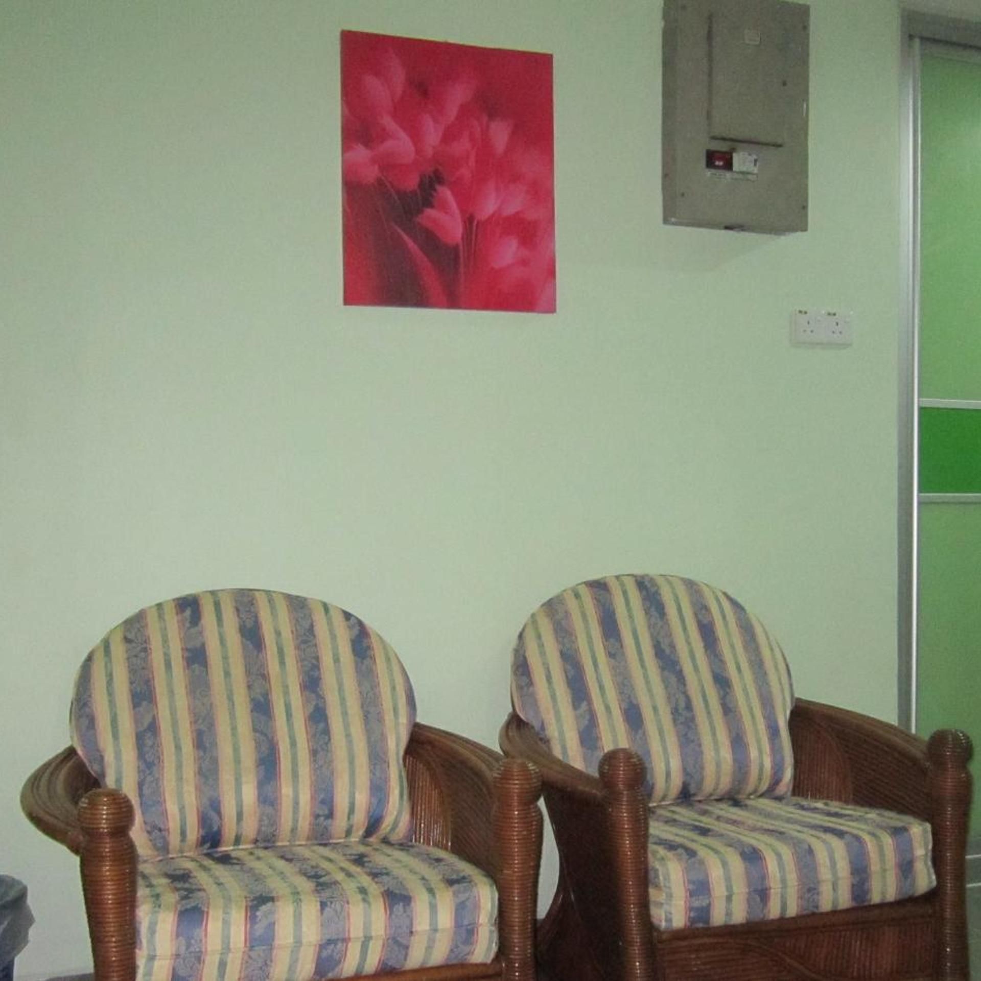 Two wicker armchairs with striped fabric against a light-colored wall, a red floral painting above them, and a green door in the background.
