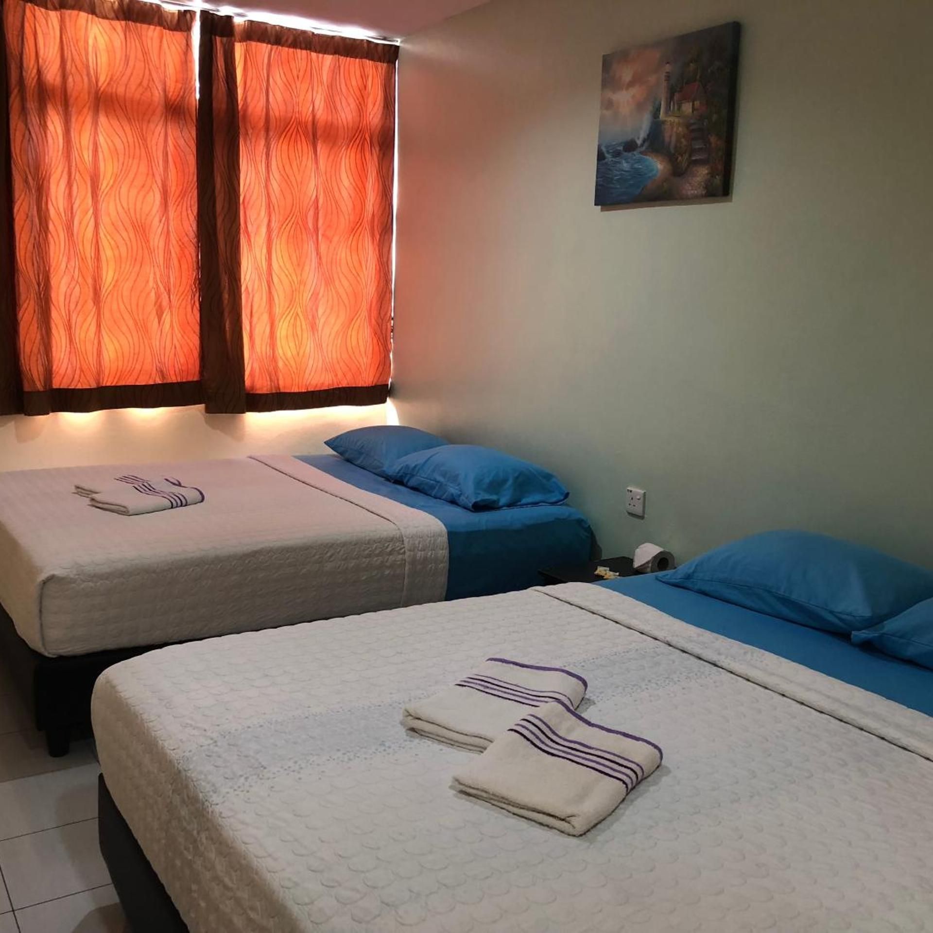 A room with two beds, each with a pillow and a blanket. There is a painting on the wall and a window with curtains.