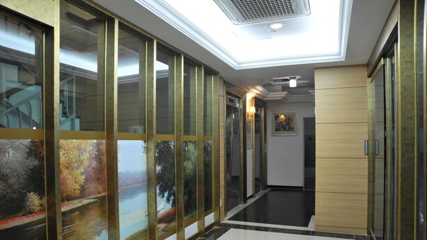 A modern hallway with glass doors, a ceiling light, and a framed picture on the wall.