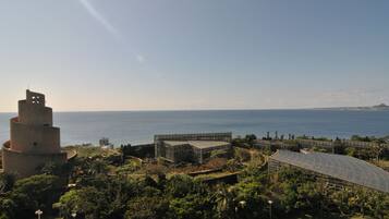 A coastal view with a historic tower and modern buildings, surrounded by lush greenery.