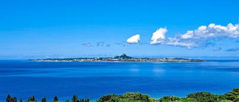 A coastal view with a clear sky, a distant island, and a greenhouse structure.