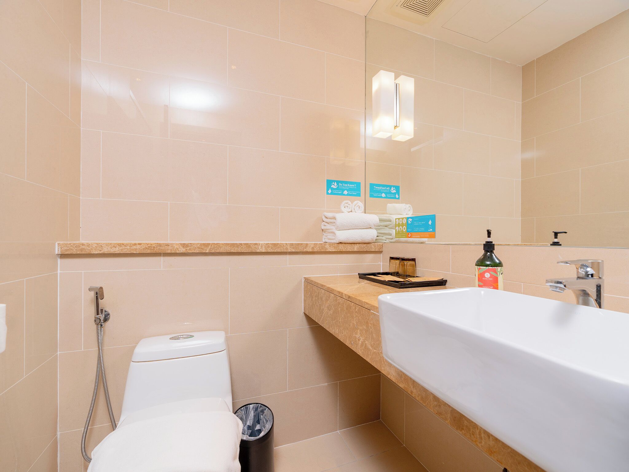 free toiletries, hair dryer, slippers, bidet