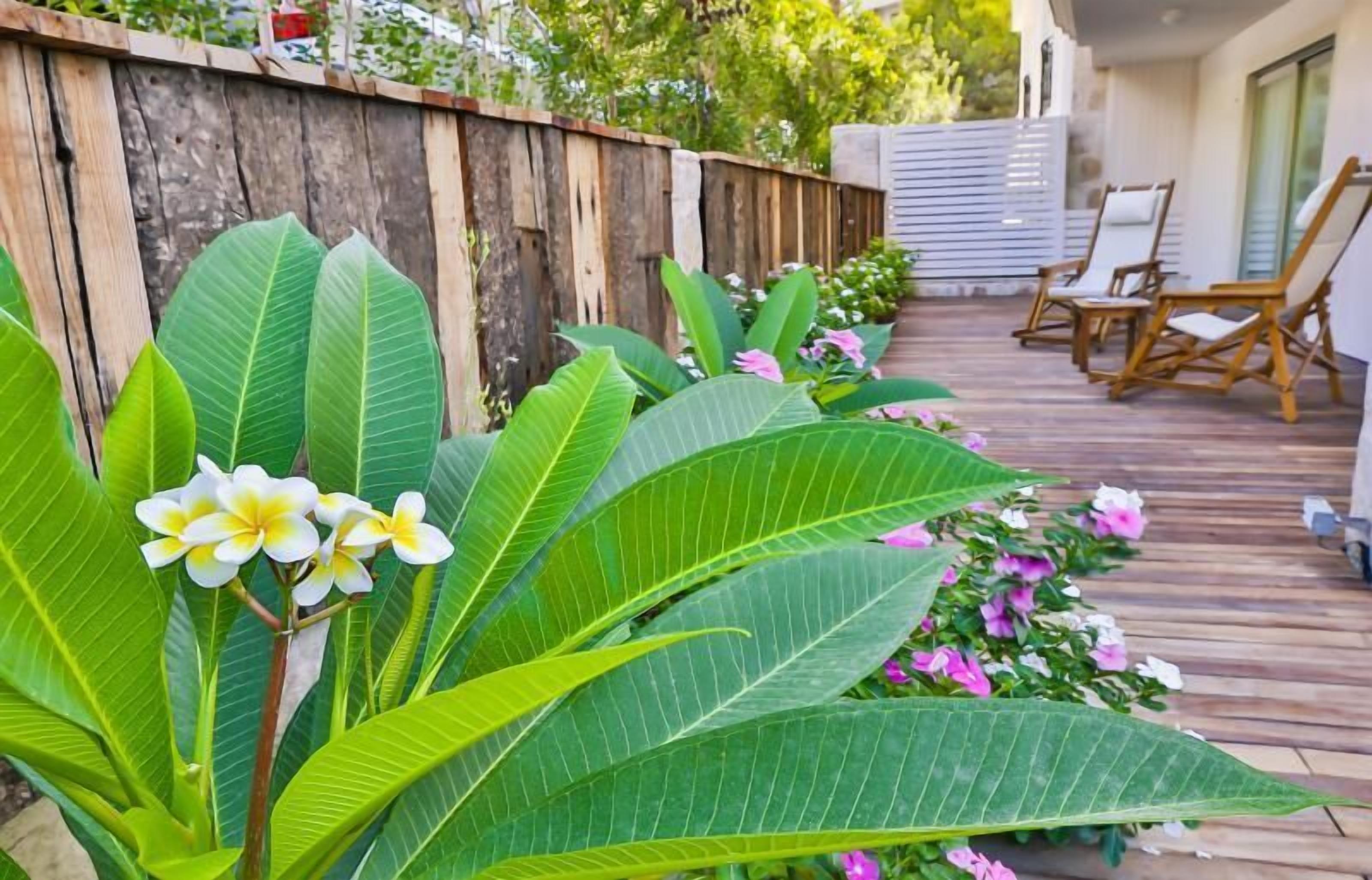 A wooden deck with chairs and a white wall in the background.