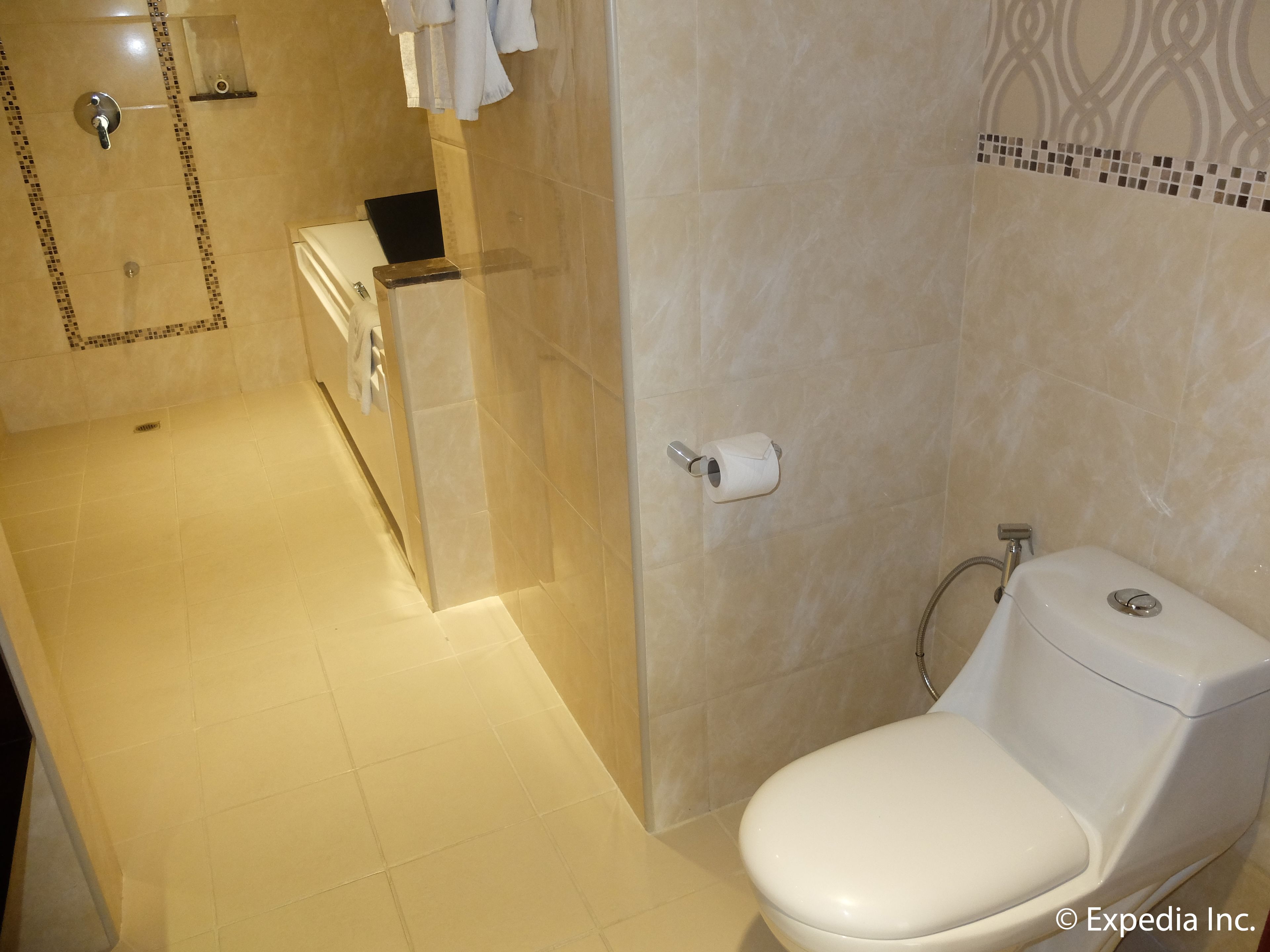 A bathroom with a toilet, a shower, and a sink.