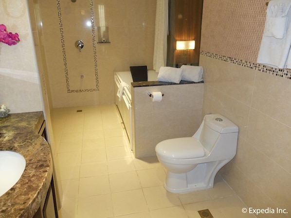 Un baño con inodoro, ducha y lavabo.