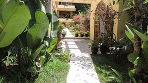 Un sendero en un jardín con plantas en macetas y un edificio al fondo.