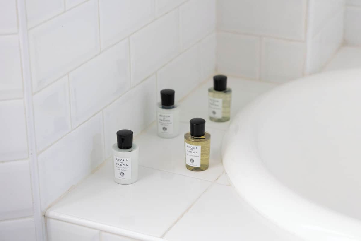 room 3 faces restaurant terrace | bathroom | designer toiletries, hair dryer, bathrobes, slippers