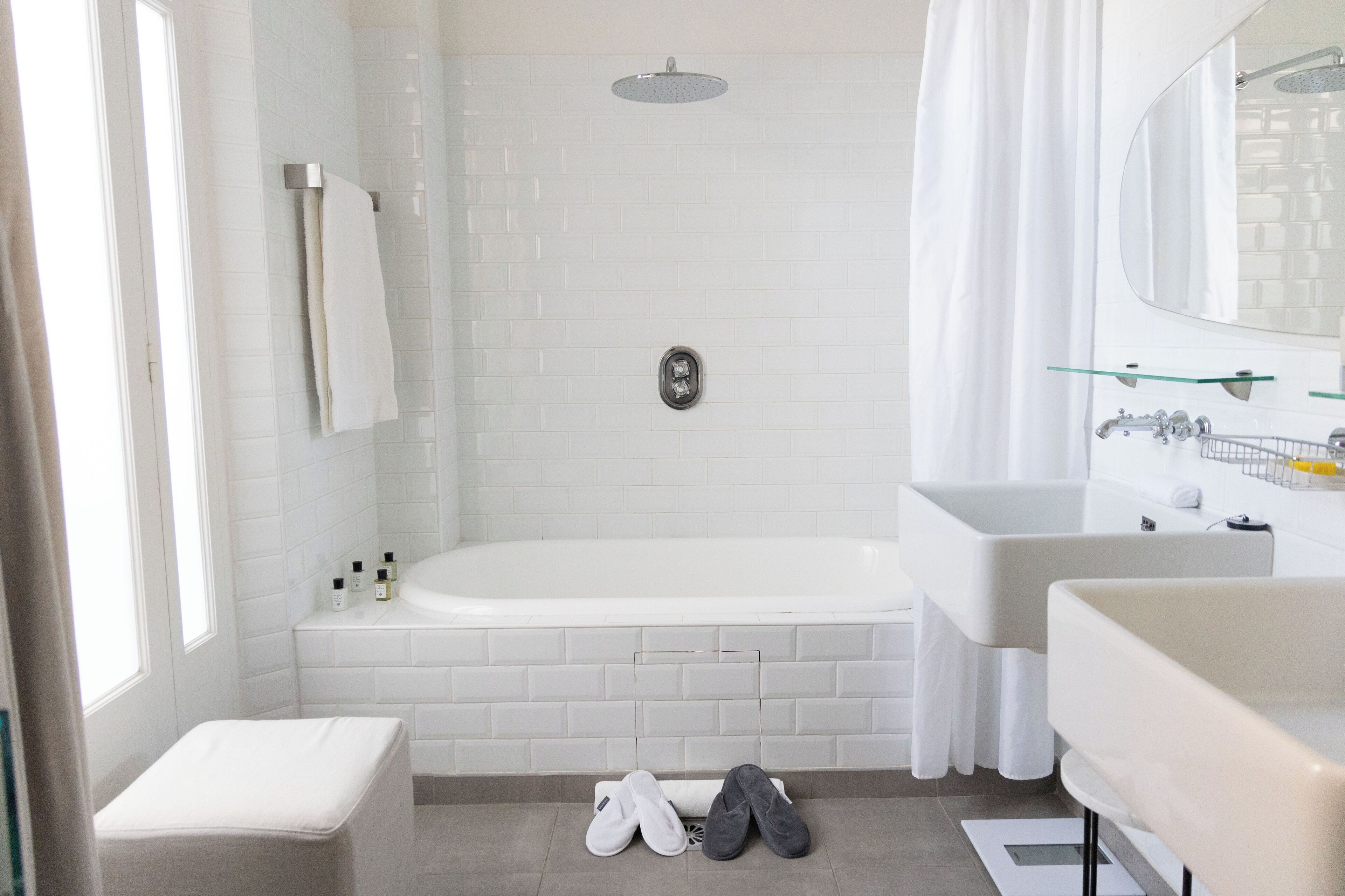 room 3 faces restaurant terrace | bathroom | designer toiletries, hair dryer, bathrobes, slippers