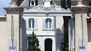 Un edificio histórico con una entrada imponente, un árbol grande y arquitectura clásica.