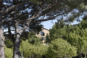 Un edificio con fachada redondeada y ventanas en arco, rodeado de árboles frondosos.